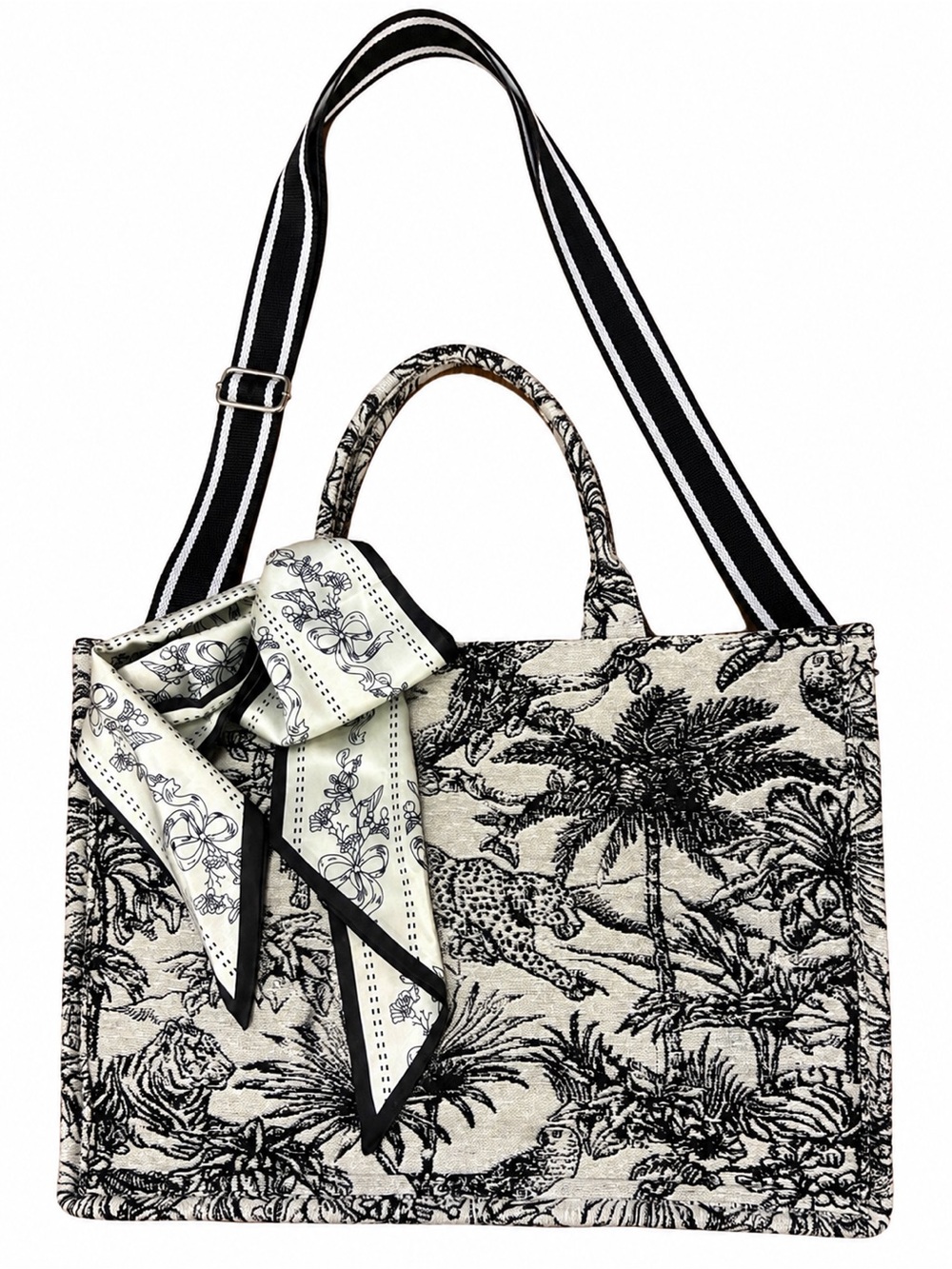 Black White Toile Safari Leopard Print Tote Bag Crossbody Scarf Included